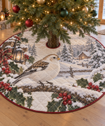 Luxurious Quilted Christmas Tree Skirt - Snow Bunting Winter Print Tree Collar, 48 Inch Round, Cozy Living Room Base