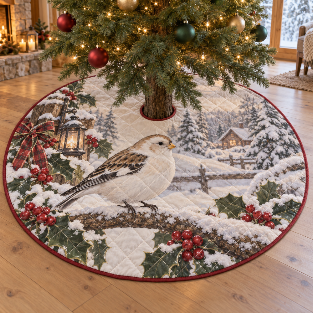 Luxurious Quilted Christmas Tree Skirt - Snow Bunting Winter Print Tree Collar, 48 Inch Round, Cozy Living Room Base