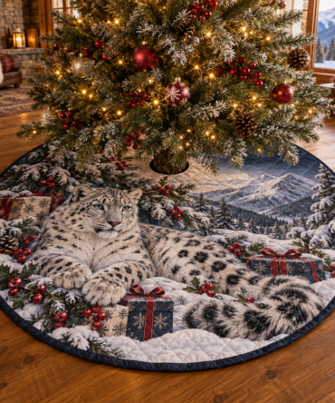 Bold Winter Snow Leopard Quilted Tree Skirt — Exotic Animal Print Christmas Tree Skirt, Luxe Quilting, Soft Durable Fabric, Stand Cover