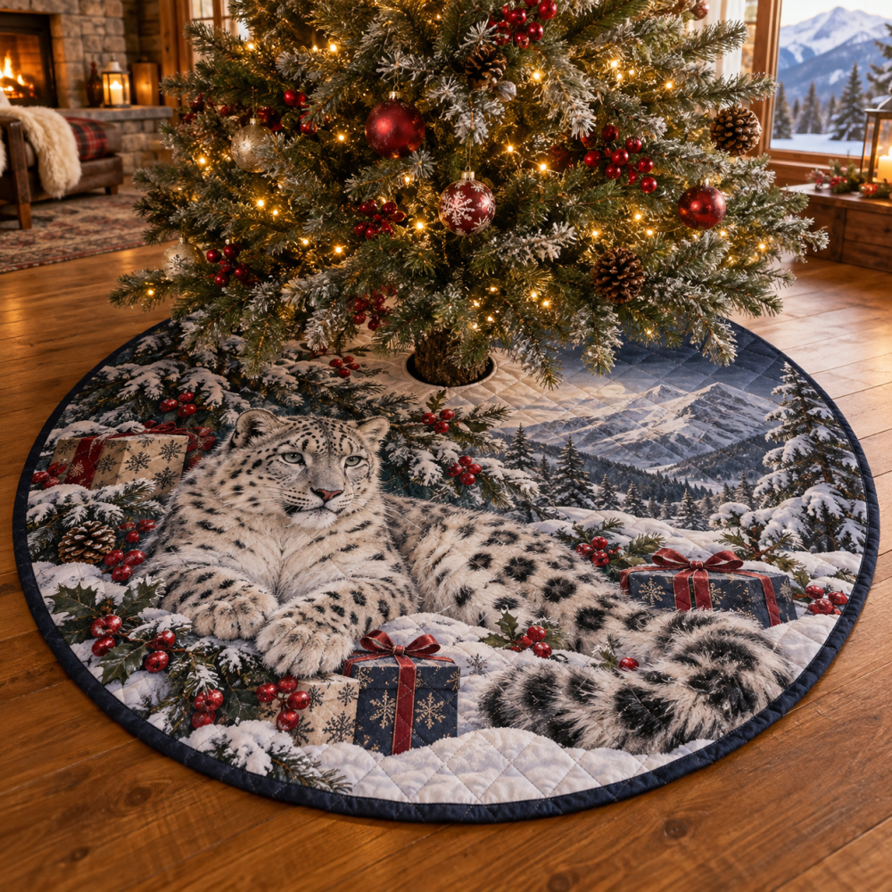 Bold Winter Snow Leopard Quilted Tree Skirt — Exotic Animal Print Christmas Tree Skirt, Luxe Quilting, Soft Durable Fabric, Stand Cover