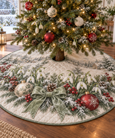 Winter Snowdrops Quilted Tree Skirt — 48-Inch Floral Christmas Tree Cover For Cozy, Nature-Inspired Holiday Decor