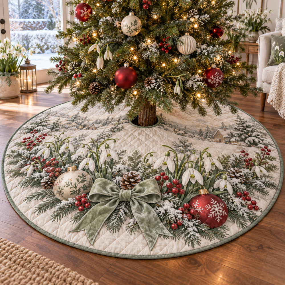 Winter Snowdrops Quilted Tree Skirt — 48-Inch Floral Christmas Tree Cover For Cozy, Nature-Inspired Holiday Decor
