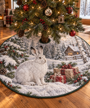 48-Inch Quilted Christmas Tree Skirt With Snowshoe Hare Illustration — Cozy Winter Tree Skirt, Reversible & Easy-To-Wash