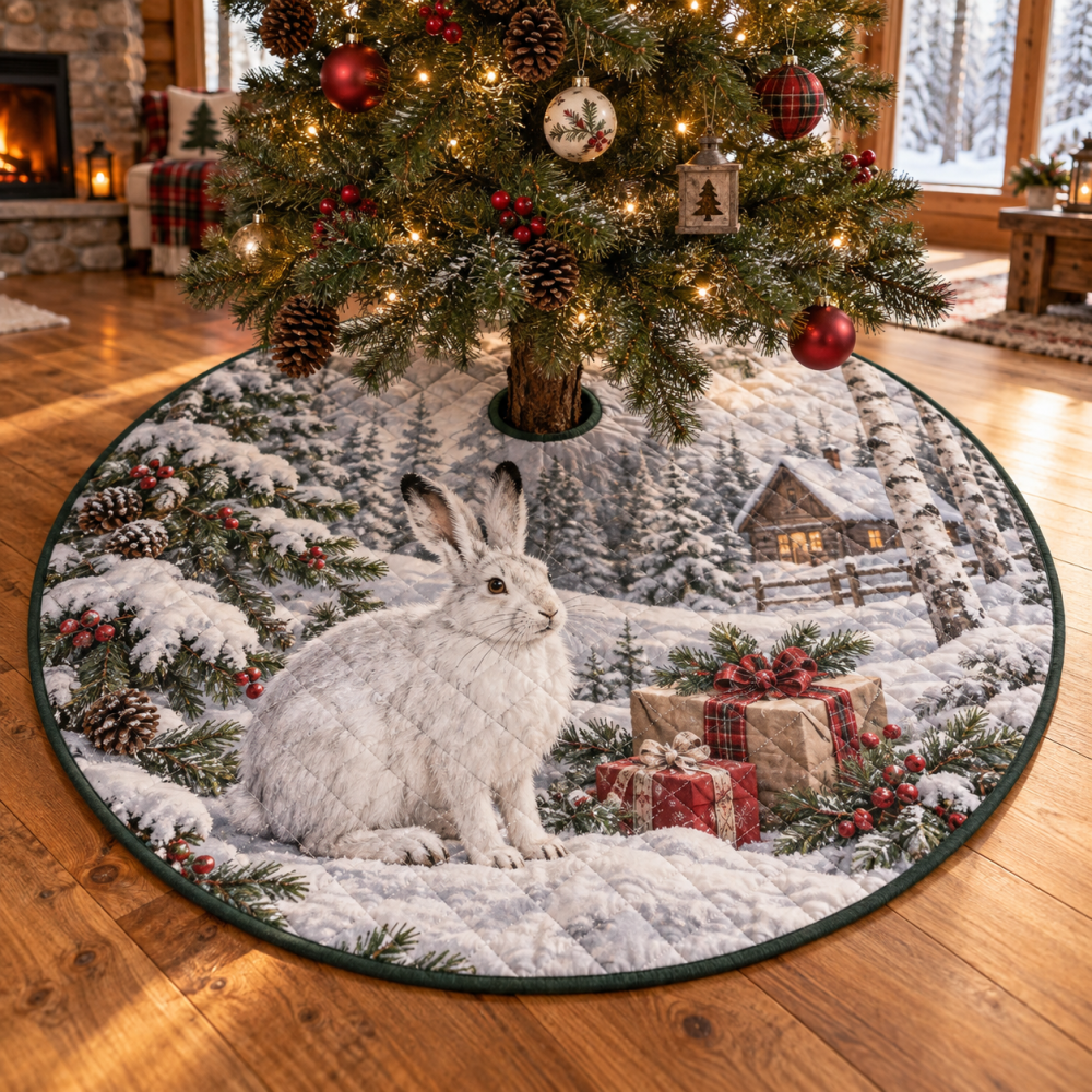 48-Inch Quilted Christmas Tree Skirt With Snowshoe Hare Illustration — Cozy Winter Tree Skirt, Reversible & Easy-To-Wash