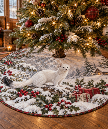 Cozy Winter Stoat Quilted Tree Skirt — Playful Woodland Christmas Tree Skirt, Handcrafted Look, Soft Warm Base For Presents
