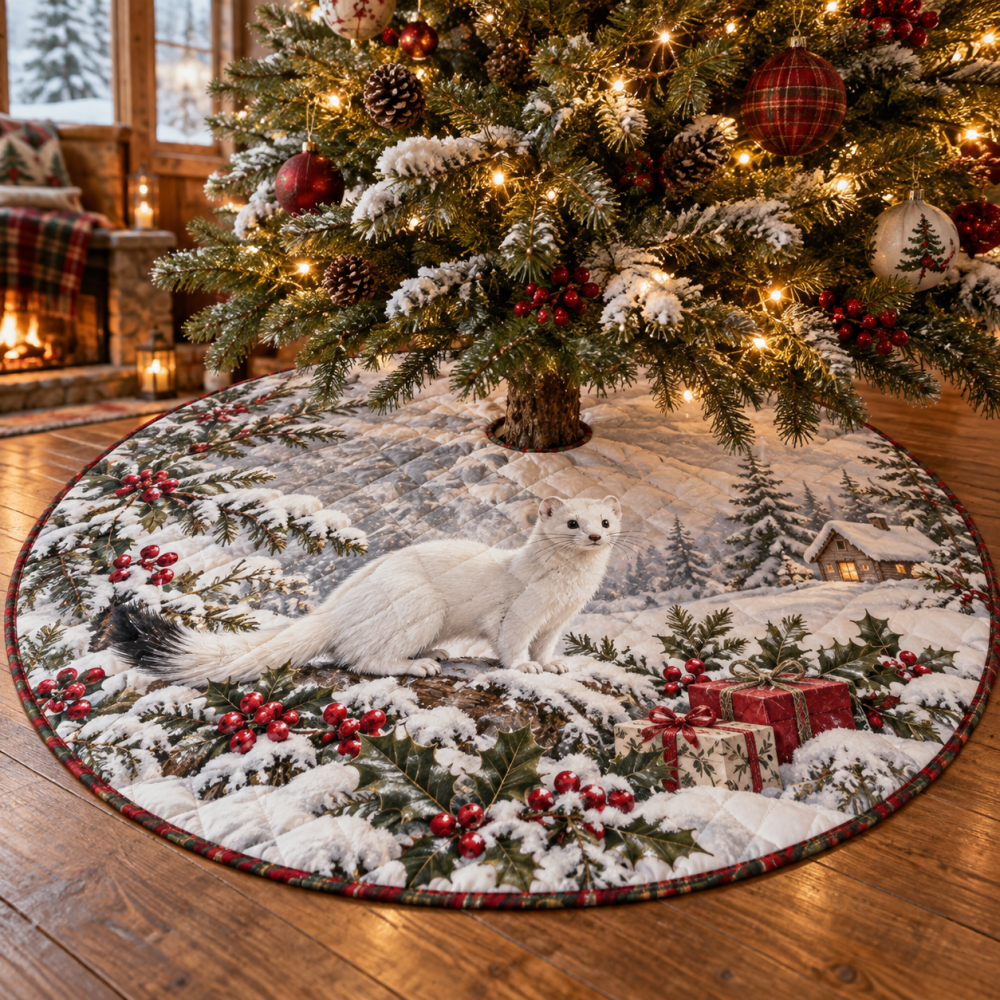 Cozy Winter Stoat Quilted Tree Skirt — Playful Woodland Christmas Tree Skirt, Handcrafted Look, Soft Warm Base For Presents