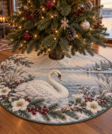 Graceful Winter Swan Quilted Tree Skirt — Elegant Swans Christmas Tree Skirt, Soft Quilted Cotton Blend, Serene Holiday Decor