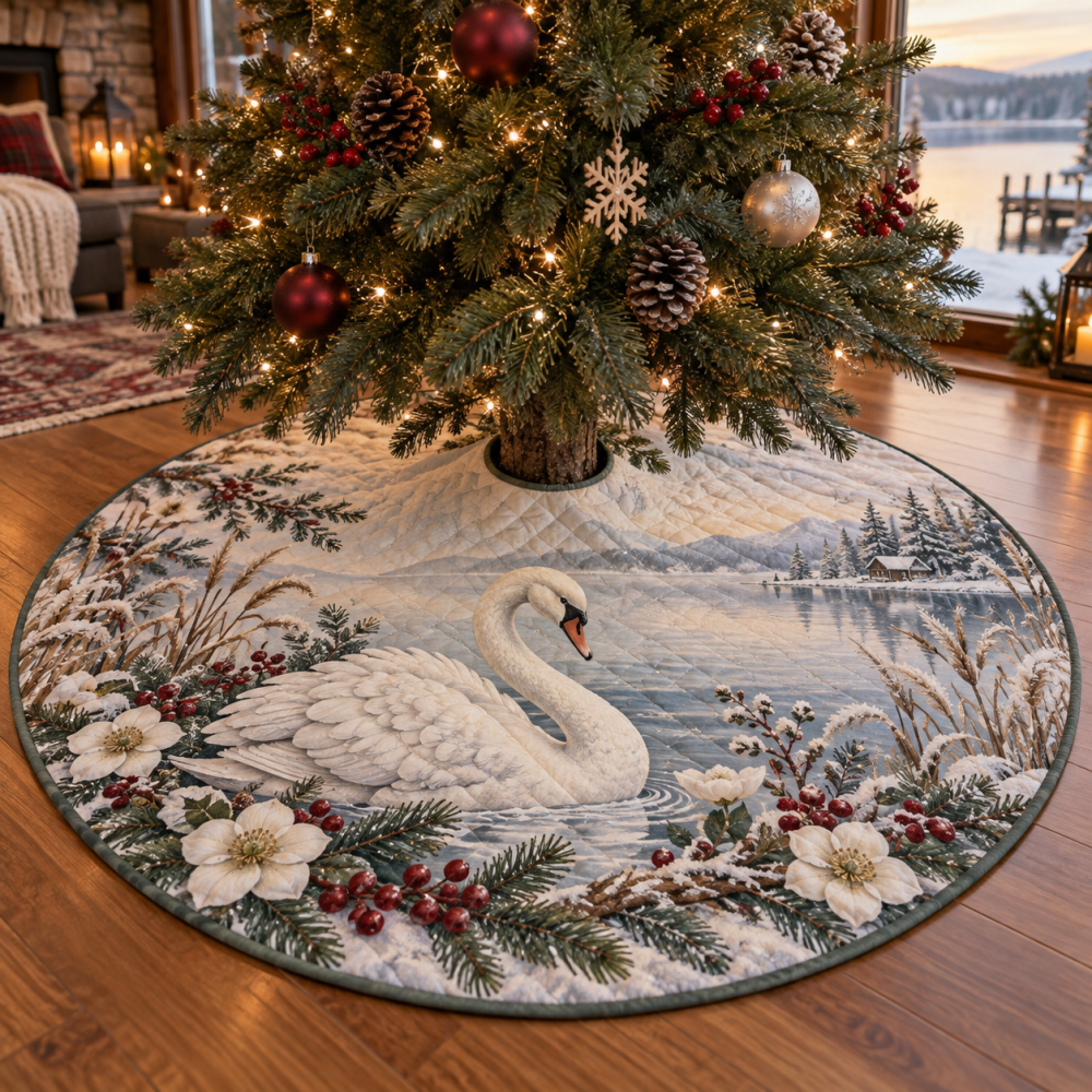 Graceful Winter Swan Quilted Tree Skirt — Elegant Swans Christmas Tree Skirt, Soft Quilted Cotton Blend, Serene Holiday Decor