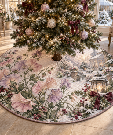 48-Inch Quilted Christmas Tree Skirt With Sweet Pea Floral Design — Soft Holiday Tree Skirt, Reversible, Machine-Washable, Gift-Ready