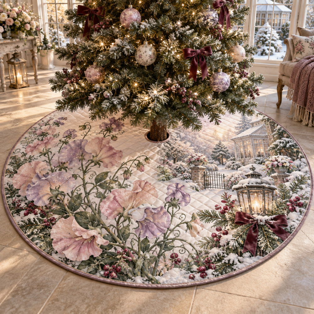 48-Inch Quilted Christmas Tree Skirt With Sweet Pea Floral Design — Soft Holiday Tree Skirt, Reversible, Machine-Washable, Gift-Ready
