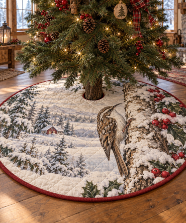 Luxurious Quilted Christmas Tree Skirt - Treecreeper Winter Floral Print Collar, 48 Inch Round, Cozy Gift-Ready Base