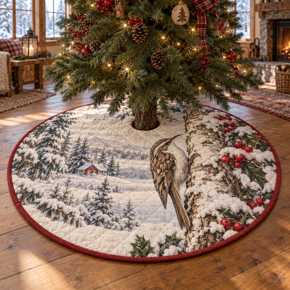 Luxurious Quilted Christmas Tree Skirt - Treecreeper Winter Floral Print Collar, 48 Inch Round, Cozy Gift-Ready Base