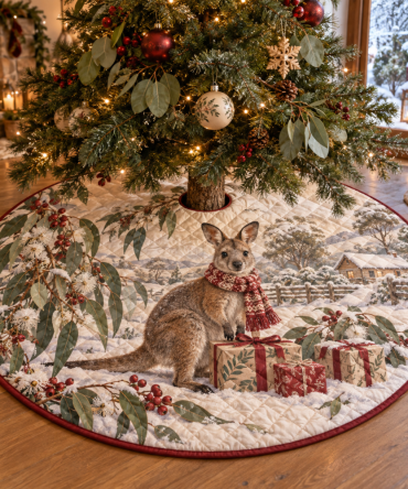 Plush Quilted Tree Skirt With Wallaby Motif - Playful Christmas Tree Base Cover, Soft Holiday Accent & Family-Friendly Design