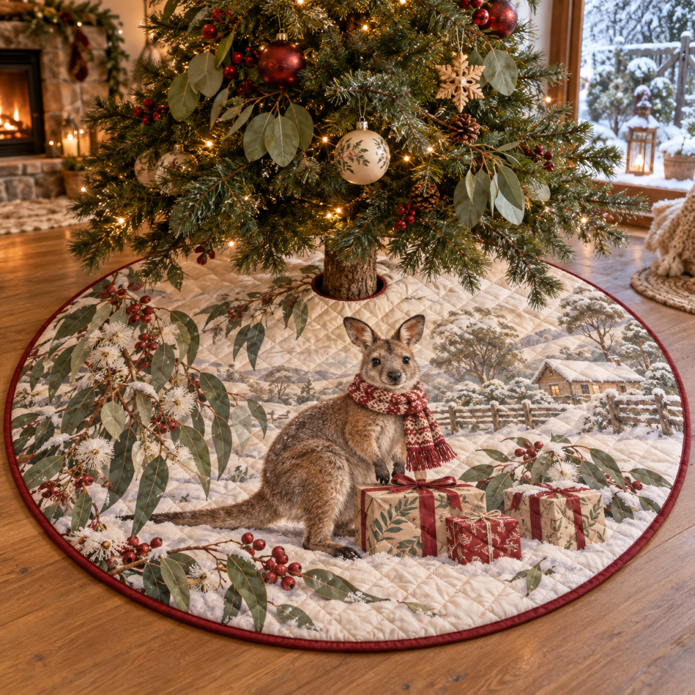 Plush Quilted Tree Skirt With Wallaby Motif - Playful Christmas Tree Base Cover, Soft Holiday Accent & Family-Friendly Design