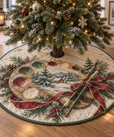 Watercolor Quilted Winter Tree Skirt — 48-Inch Artistic Watercolor Motif Christmas Cover For Stylish, Contemporary Seasonal Decor