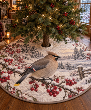 48-Inch Quilted Christmas Tree Skirt With Waxwing Bird Motif — Plush Holiday Tree Skirt, Reversible & Machine-Washable