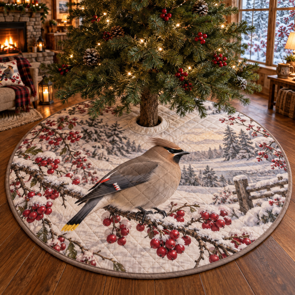 48-Inch Quilted Christmas Tree Skirt With Waxwing Bird Motif — Plush Holiday Tree Skirt, Reversible & Machine-Washable