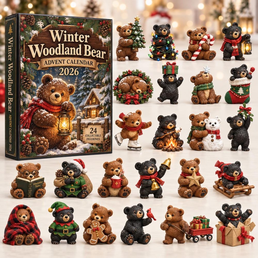 Winter Woodland Bear 2026 Advent Calendar - 24 Acrylic Charms, Snowy Forest Ornaments & Holiday Countdown Keepsake Gift