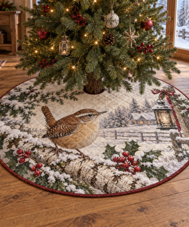 Cozy Quilted Christmas Tree Skirt — Winter Wren Bird Design, Soft Patchwork Base Cover For Rustic & Modern Holiday Décor