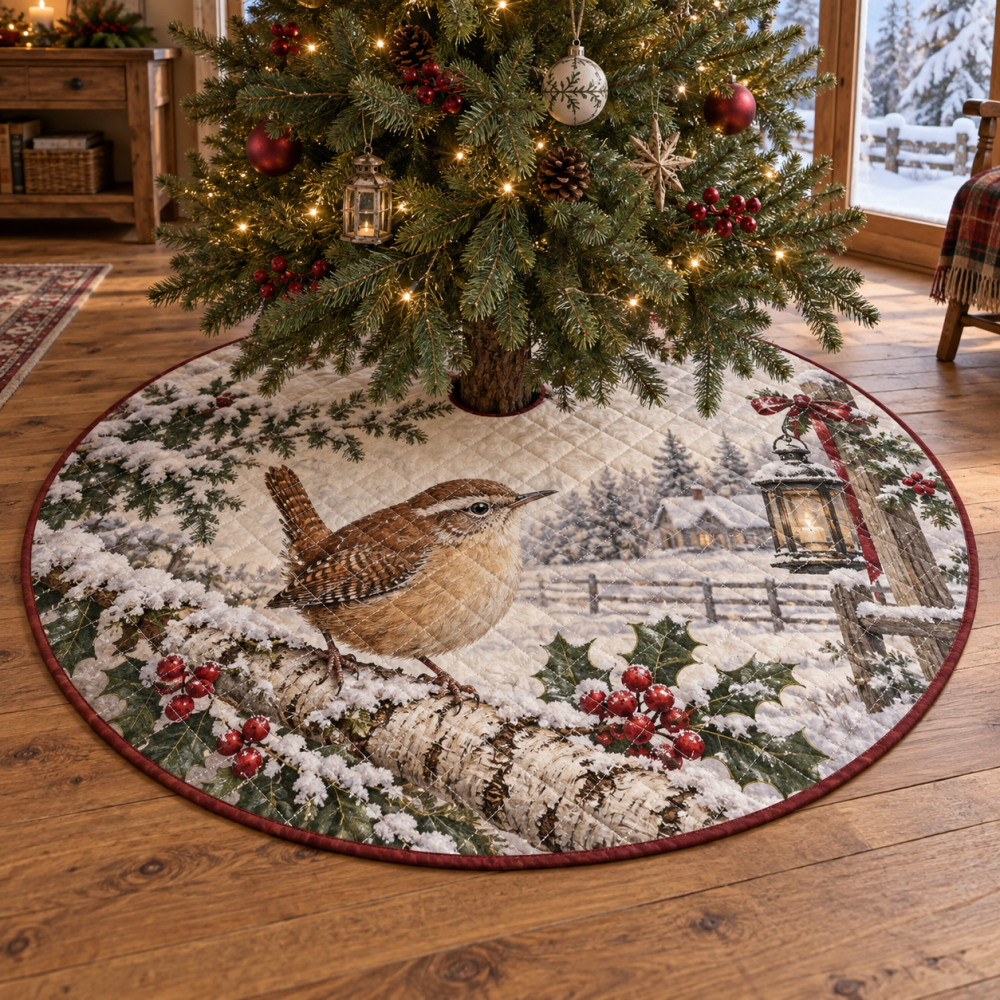 Cozy Quilted Christmas Tree Skirt — Winter Wren Bird Design, Soft Patchwork Base Cover For Rustic & Modern Holiday Décor