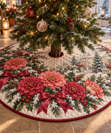 48-Inch Quilted Christmas Tree Skirt With Zinnia Floral Pattern — Bright Holiday Tree Skirt, Plush, Reversible & Easy Care