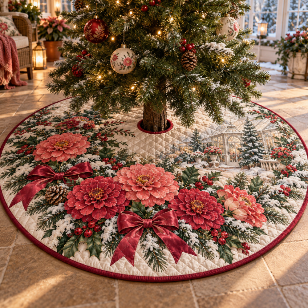 48-Inch Quilted Christmas Tree Skirt With Zinnia Floral Pattern — Bright Holiday Tree Skirt, Plush, Reversible & Easy Care