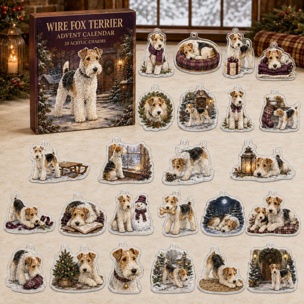 Wire Fox Terrier Holiday Advent Calendar — 24 Acrylic Dog Charms, Christmas Countdown Ornaments & Gift For Terrier Lovers
