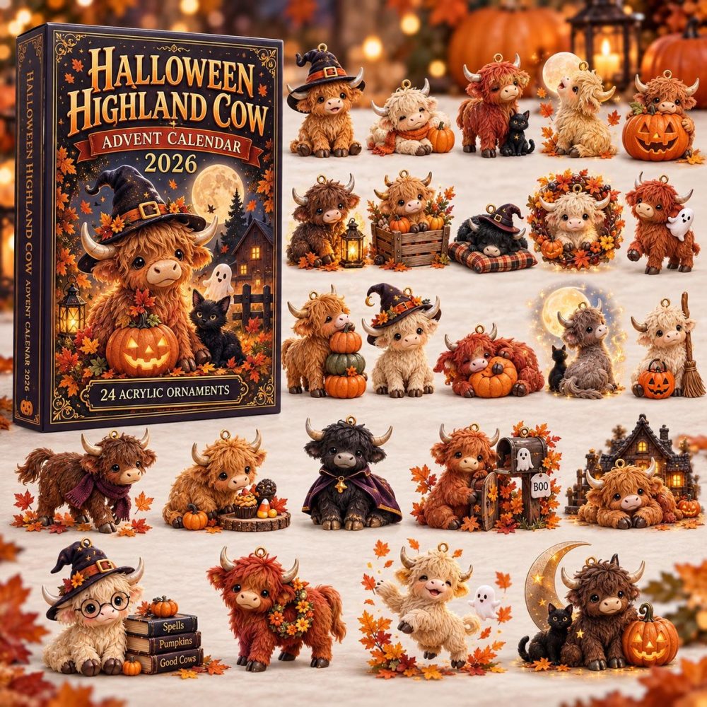 Witchy Highland Cow Halloween Countdown 2026 — 24-Day Acrylic Charm Collection With Witch Hats, Brooms & Spooky Farm Magic