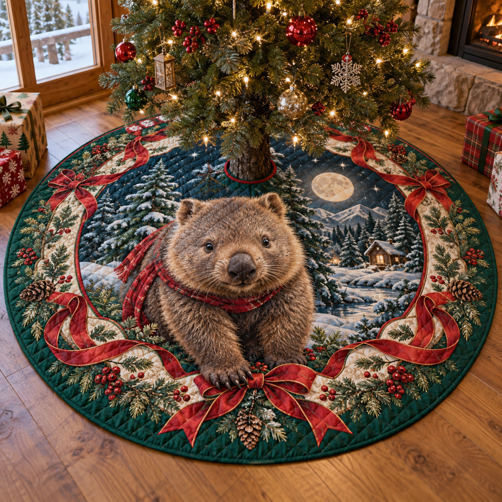 Cozy Quilted Wombat Holiday Tree Skirt — Adorable Wombat Print Christmas Tree Skirt, Soft Patchwork, Machine-Washable Country Charm