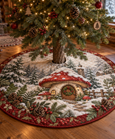 Woodland Mushroom Quilted Tree Skirt - Enchanted Forest Christmas Tree Skirt With Mushroom & Fauna Motifs For Rustic Decor