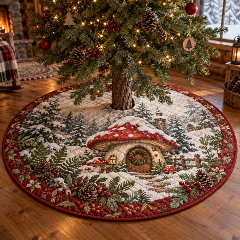 Woodland Mushroom Quilted Tree Skirt - Enchanted Forest Christmas Tree Skirt With Mushroom & Fauna Motifs For Rustic Decor