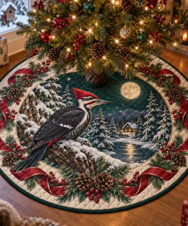 Woodpecker Quilted Christmas Tree Skirt — Bold Red & Natural Patchwork, Reversible Holiday Tree Collar, Durable Cotton, Machine Washable