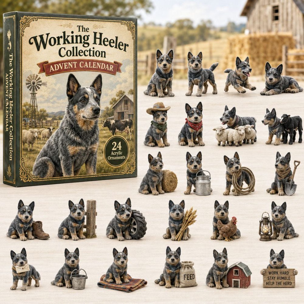 Working Heeler Collection Advent 2026 — 24 Blue Heeler Acrylic Charms & Mini Tools, Rustic Farm Dog Countdown Gift For Herding Fans