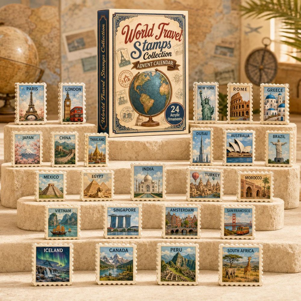 World Famous Stamps Collector Countdown 2026 — 24-Day Advent With Acrylic Mini Stamp Charms, Philatelic Gift For Collectors