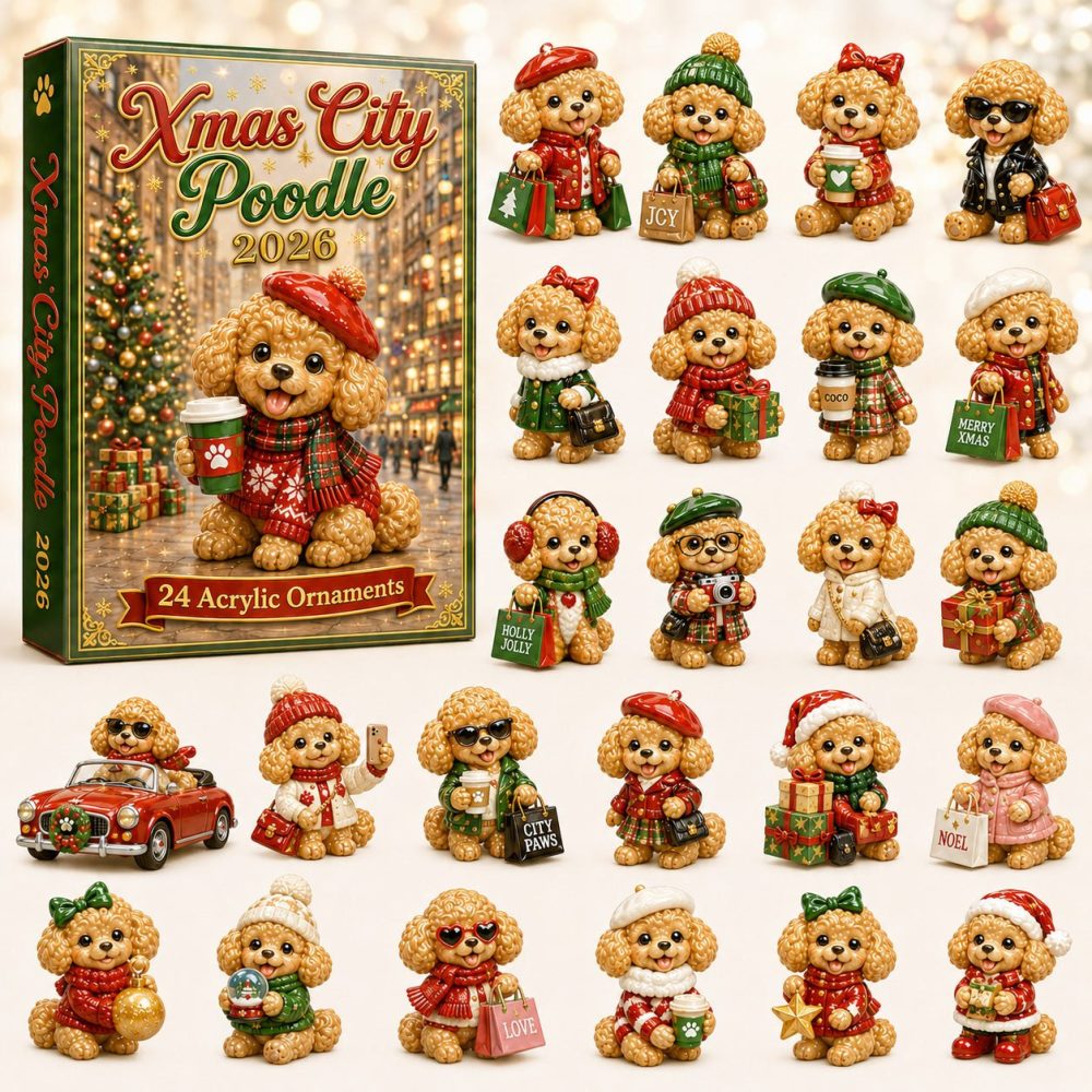 Festive Poodle City Advent Calendar 2026 — 24-Day Holiday Countdown With Collectible Acrylic Charms, Stylish Dog-Themed Gift