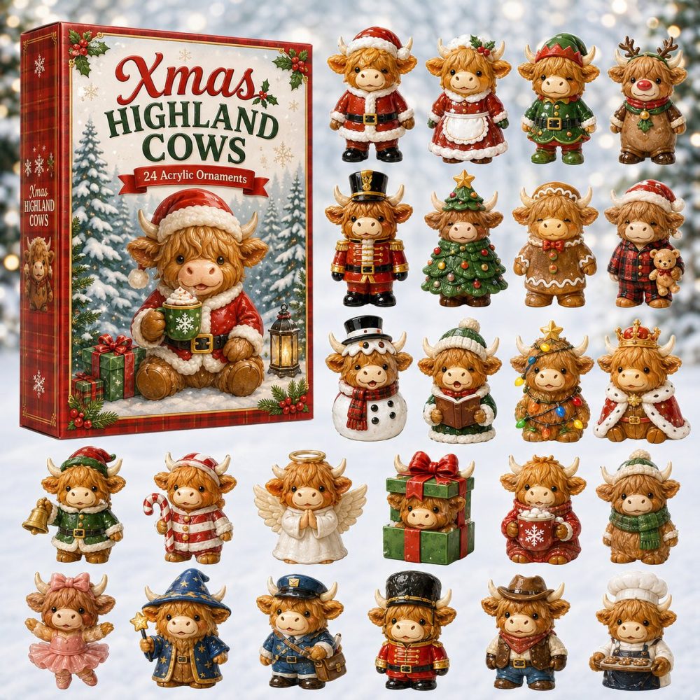 Highland Cow Crew Holiday Advent 2026 — 24-Day Cozy Countdown With Acrylic Charms, Cute Cow Family Christmas Gifts