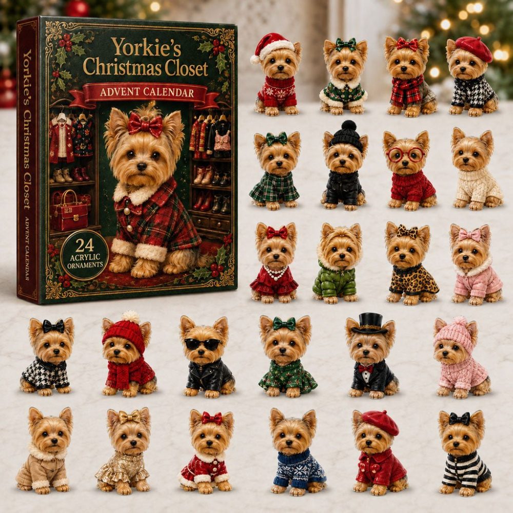 Yorkie Christmas Closet Advent Calendar 2026 — 24-Day Acrylic Charm Countdown, Festive Dog Wardrobe Gift