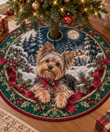 Adorable Quilted Holiday Tree Skirt With Yorkshire Terrier Art — Cute, Durable Christmas Decor, Pet-Safe & Easy To Clean
