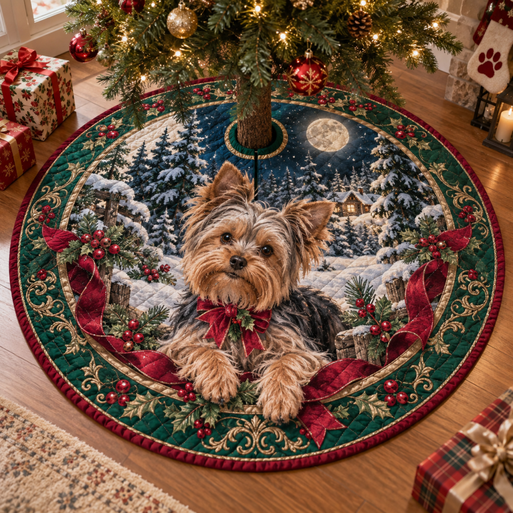 Adorable Quilted Holiday Tree Skirt With Yorkshire Terrier Art — Cute, Durable Christmas Decor, Pet-Safe & Easy To Clean