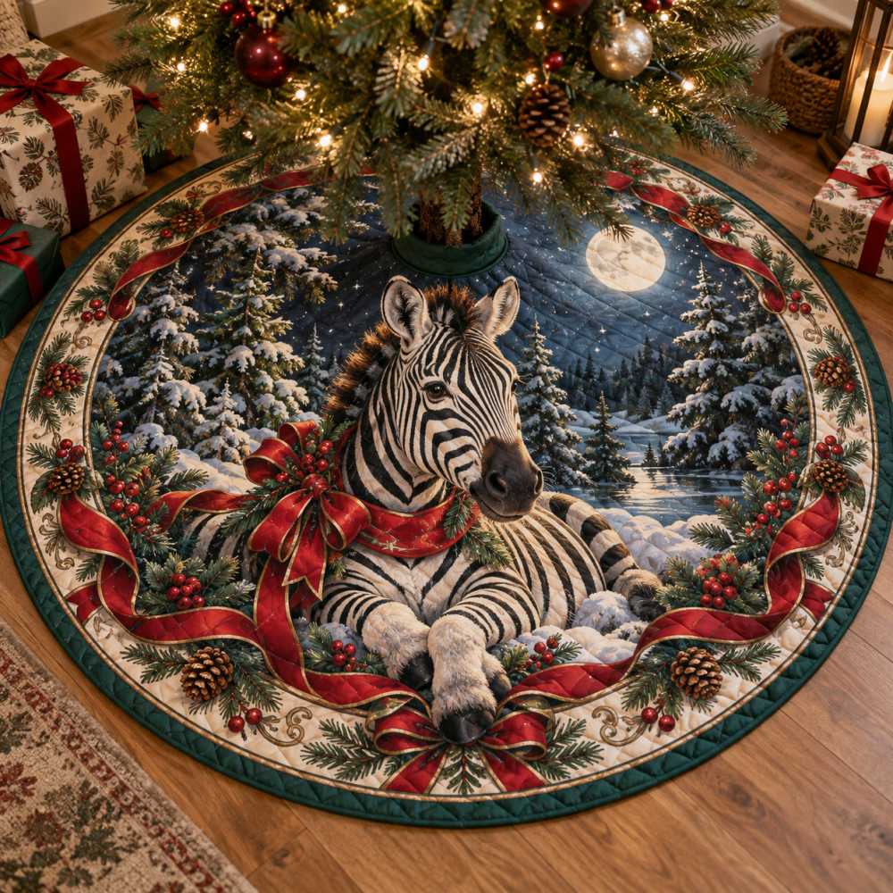 Stylish Quilted Zebra Holiday Tree Skirt — Bold Zebra Print Christmas Tree Skirt, Soft Patchwork, Machine-Washable Accent For Modern & Farmhouse Homes